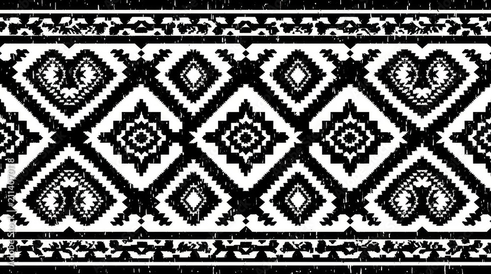 Native American Tribal Geometric Seamless Pattern Background with Grunge Texture in Black and White