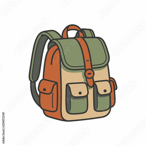 Colorful Vector Illustration of a Travel Backpack with Pockets and Straps for Hiking, Camping and School, Isolated on White