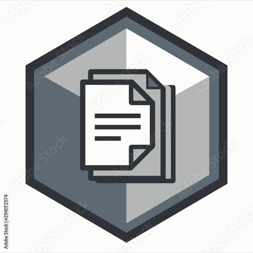 Gray document file vector asset within a modern hexagonal badge for business organization and digital record management