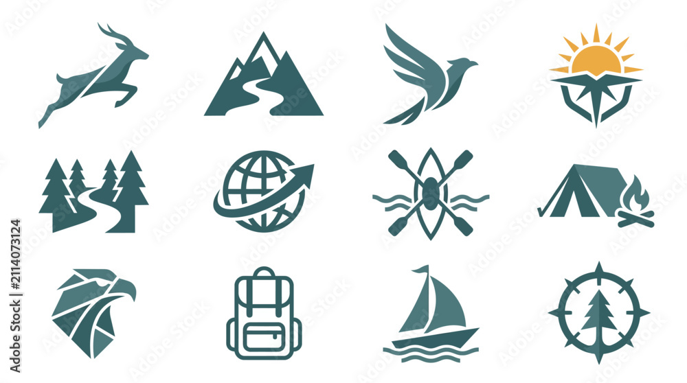 Fototapeta premium Outdoor adventure and wilderness icon set