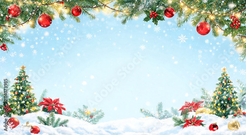 Winter wonderland with festive decorations and sparkling snowflakes