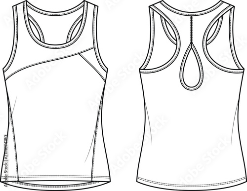 Women racerback sports tank top technical fashion sketch vector template front and back view.