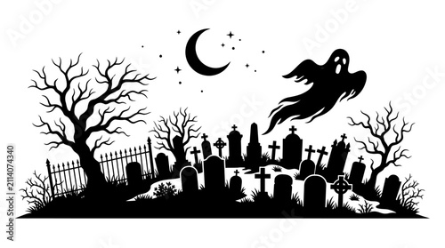 Canvastavla Haunted graveyard scene with tombstones, bare trees, a crescent moon, and a flying ghost silhouette provides a classic spooky Halloween setting