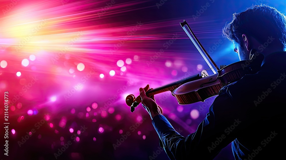 Fototapeta premium Violinist Performing On Stage With Vibrant Pink And Blue Lighting