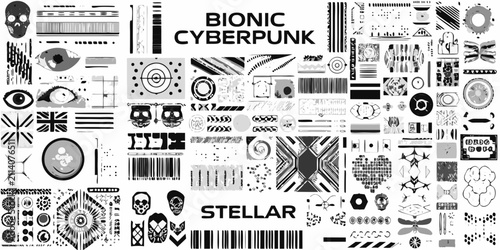 Obraz na płótnie cyberpunk asset kit with dense black and white patterns icons symbols design ele