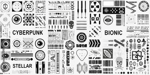 Foto cyberpunk themed dense black and white vector illustrations featuring eyes gears