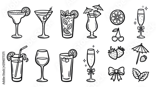 Fotografía Collection of Hand-Drawn Cocktail and Drink Illustrations with Garnishes