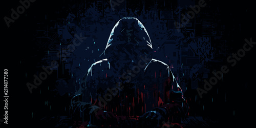 Quadro su tela hooded figure in dark digital art style silhouette cyberpunk mystery technology