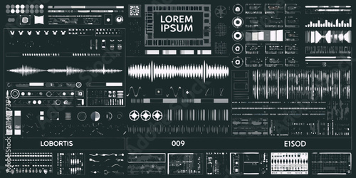 futuristic interface elements monochrome vector illustration kit glitch effects icons buttons sliders controls panels screens waveforms audio visuals technology digital design graphic resources