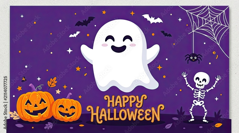 Naklejka premium Cute cartoon ghost with pumpkins and a dancing skeleton on a purple background for a happy halloween celebration
