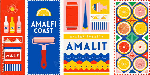 Cuadro en lienzo amalfi coast travel poster vibrant vector illustration citrus lemon orange fish