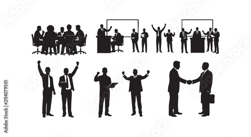 Corporate teamwork and success silhouettes featuring office groups and business leaders.