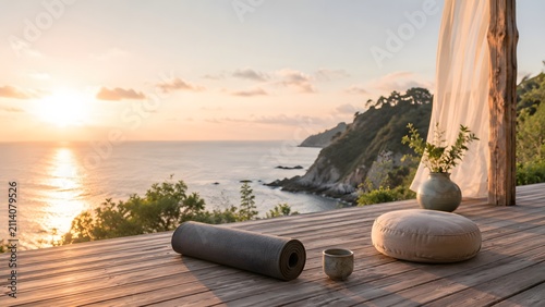 Sunset yoga mat on coastal deck