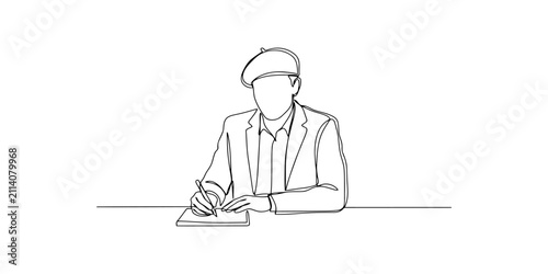 Continuous single line drawing of an artist wearing a beret sitting and writing in a notebook