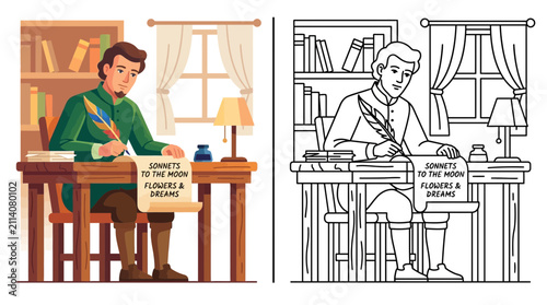 Obraz na płótnie Poet Writing Sonnets at Desk with Quill Pen, Historical Illustration