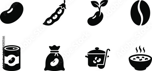 Set of black and white bean icons representing cultivation processing and cooking of various legume food products