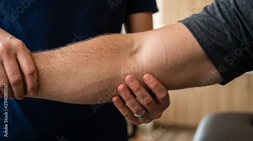 Physical therapist examining a patient arm in a medical clinic office
