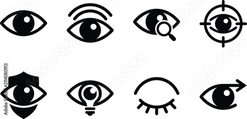 Set of black and white eye icons representing vision observation focus and digital surveillance concepts