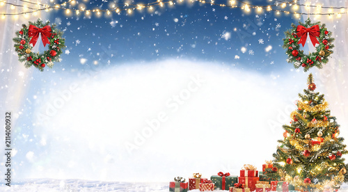 Festive holiday celebration with a decorated tree and presents under a sparkling winter sky