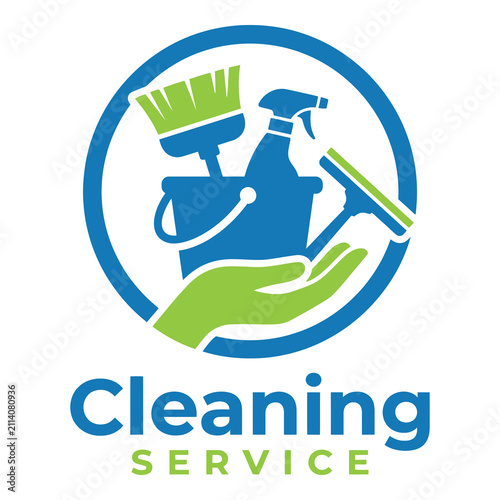 Cleaning service logo with hand holding cleaning supplies and tools icon