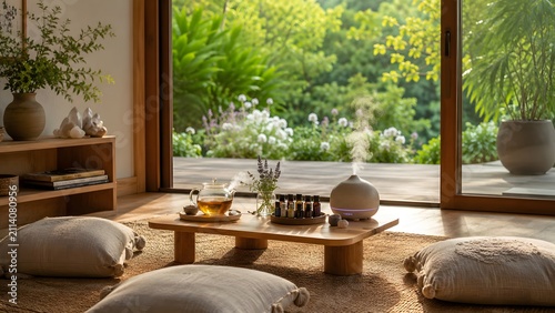 Zen meditation room overlooking green valley