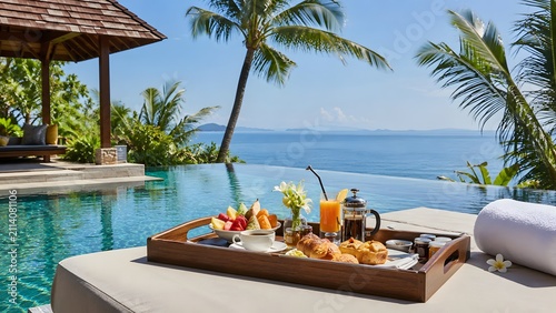 Poolside luxury breakfast tray with ocean view