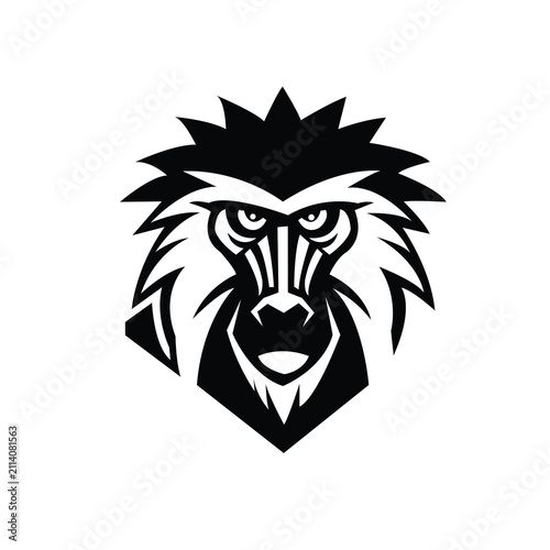 Fotografie Black and white graphic head illustration of a wild mandrill monkey