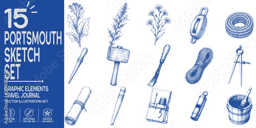 Portsmouth travel journal collection. Hand drawn naval dockyard craft heritage sketch vector illustration set