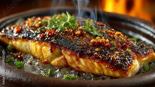 Grilled salmon fillet with herb crust served on sizzling hot plate