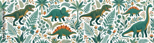 Charming Dinosaur Jungle Pattern with Ferns and Flowers