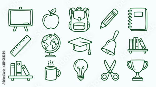 Fotografija A comprehensive set of green line art icons illustrating various school supplies, educational tools, and learning symbols on a clean white background