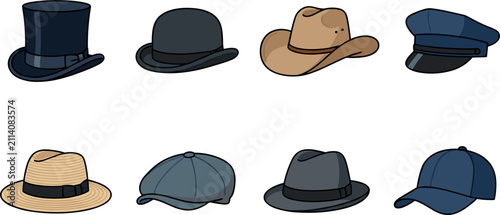 Quadro su tela Classic Hat and Cap Icon Set Featuring Top Hat, Bowler, Cowboy, Fedora, Newsboy,