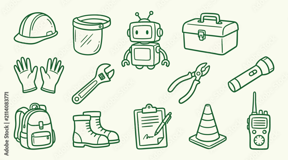 Fototapeta premium A collection of green doodle icons depicting various work tools, safety equipment, and industrial items like a hard hat, robot, wrench, and traffic cone.