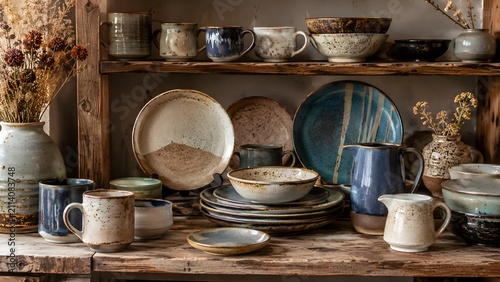 Rustic ceramic shelf with plates and mugs