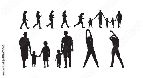 Diverse silhouettes of people walking running and doing fitness exercises in group set.