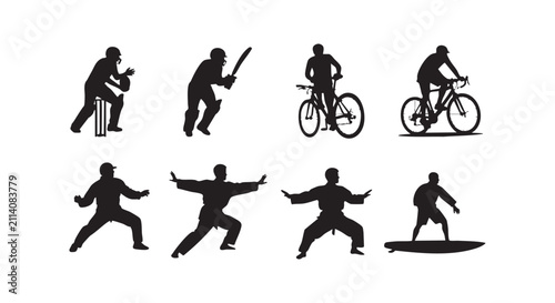 Diverse sports activities silhouettes including cycling cricket martial arts and surfing.