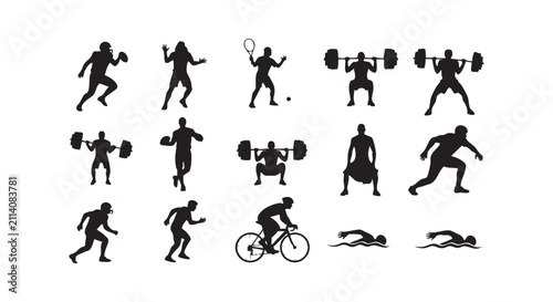 Diverse sports and fitness activities silhouettes including cycling swimming.