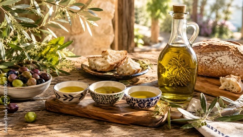Olive oil and bread rustic still life