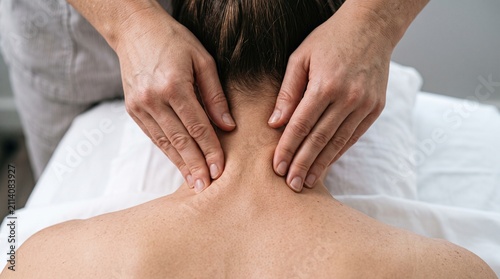 Professional massage therapist massaging neck and shoulders of a woman in a spa