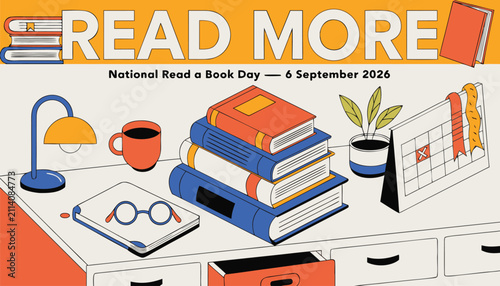 Read more national read a book day concept with books and desk items