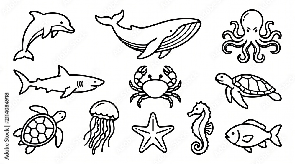 Obraz premium Vector pack sea animals black li…
