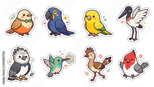 Colorful kawaii bird stickers featuring various species for decoration