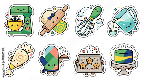 Kawaii cooking stickers featuring cute kitchen utensils and baked goods