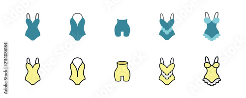 Bodysuit Icon Set with Blue and Cream Filled Outline Styles Including Halterneck and Lace