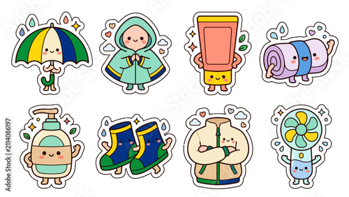 Cute kawaii rain-themed stickers featuring umbrella and rubber boots