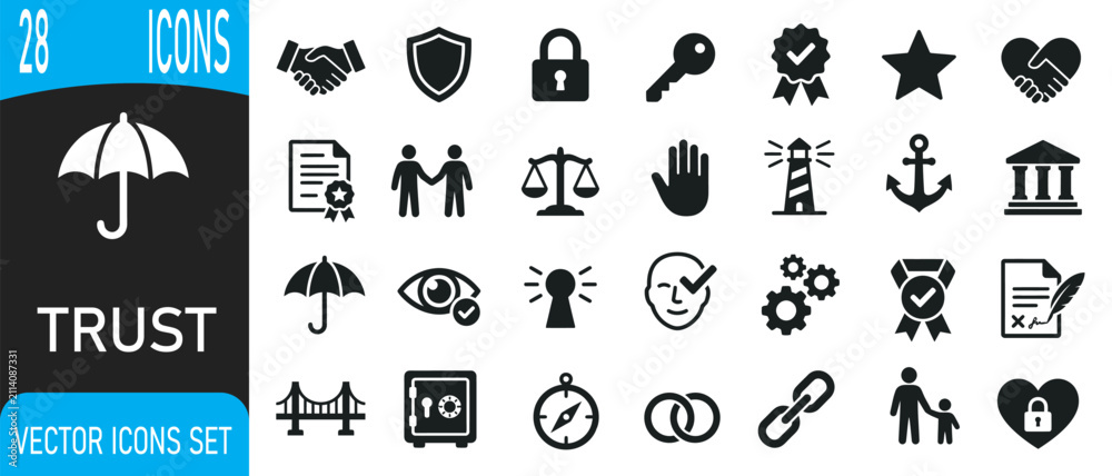 Fototapeta premium Comprehensive trust and security icon collection presented as an editable vector set for professional graphic design projects