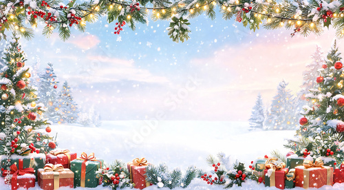 Winter wonderland filled with snow, festive decorations, and colorful gifts near tall evergreen trees