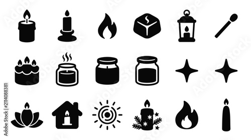 Foto Collection of various candle and flame icons, representing light, warmth, and ambiance