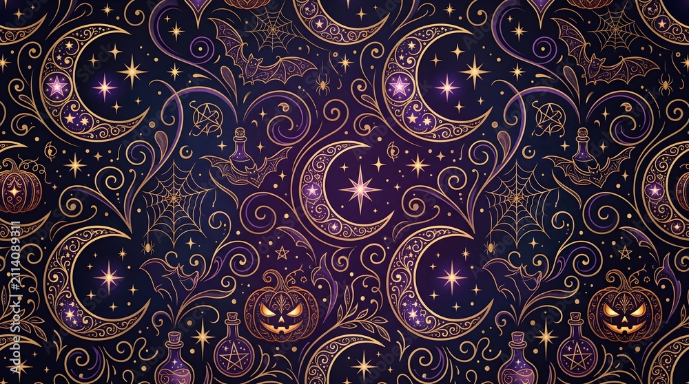 Fototapeta premium Cute Halloween vector clipart set with pumpkin, ghost, black cat, witch hat, spooky haunted house, and magic icons isolated on white background.