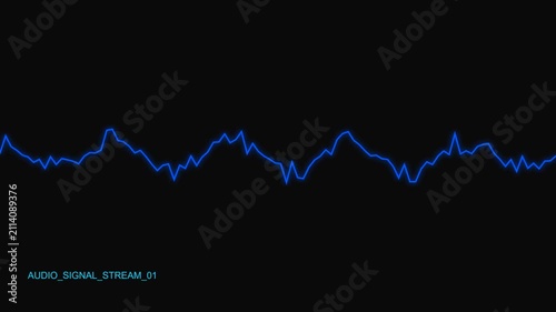Vibrant blue audio waveform pulsating dynamically on a dark background, a seamless loop animation for digital interfaces, symbolizing sound visualization, data streaming, and technological